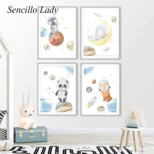 Cute Animal Astronaut Space Universe Canvas Painting Baby Nursery Art Poster Wall Art Print Nordic Kid Room Decoration Picture