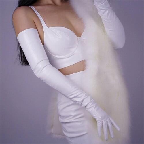 Patent Leather Extra Long Gloves 70cm Long Emulation Leather Elastic PU Mirror Bright Leather Bright White Gloves Female PU08