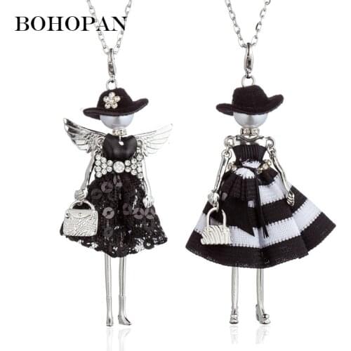 Hot Sale Black Hat Doll Necklaces Silver Wing Sequin Stripe Dress Alloy Necklace Women Best Friends Pendant Cloth Accessories