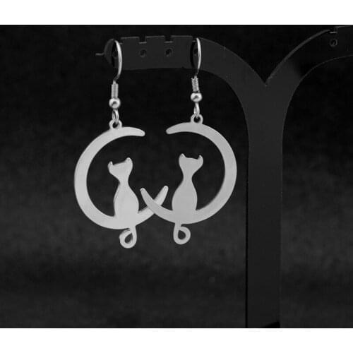 A Pair New Fashion Stainless Steel Stud Earring Moon Cute Cat Pendant Ear Hook for Lovers Women Girls Dance Couple Party Gift
