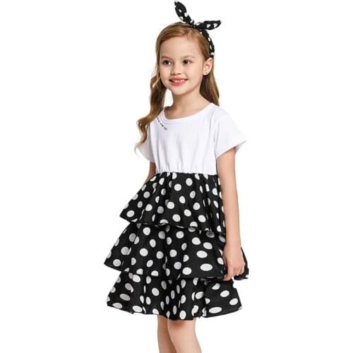 Girls Dot Dress Polka Three Layers Black Brown Casual Sundress Kids Summer Clothing Children Short Sleeve Dresses Girl Vestido