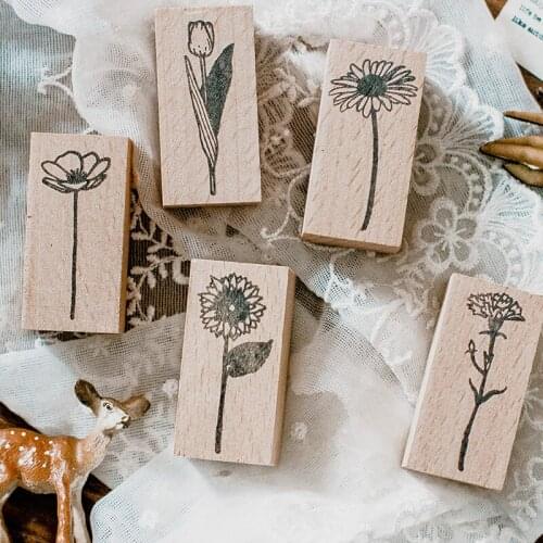 Retro Sunflowers Plant Sketch Stamp Tulip Daisy Drawing Seal Wood Stamps Chop Hand Account Diary Mood Invitation Card Decoration