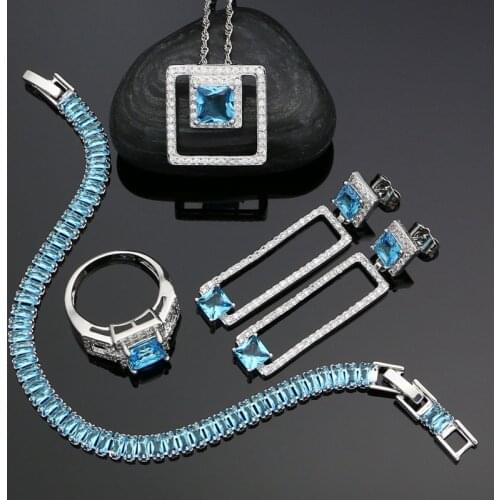 Silver 925 Jewelry Sets For Women Sky Blue Cubic Zirconia White Crystal Ring Bracelet Earrings Pendant Necklace Silver Set