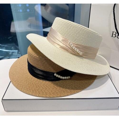 New Summer Hats For Women Flower Beads Wide Brimmed Jazz Panama Hat Sun Visor Beach Hat Flower Pearl Straw Hat