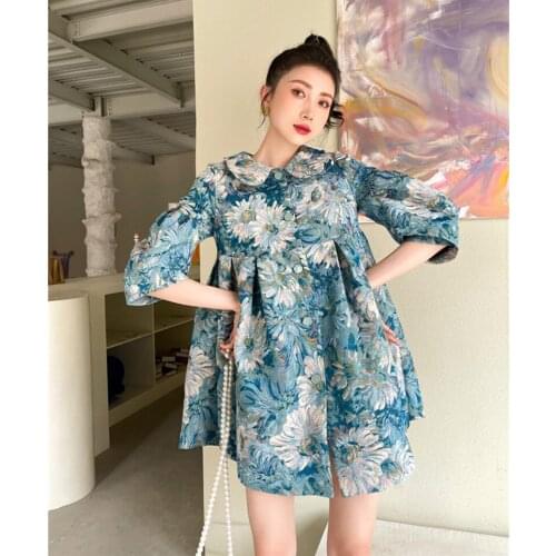 Sweet Monets Garden Oil Painting Blue Bud Sleeve Retro Puffy Jacket Puff Sleeve Retro Dress Female Spring/Summer Jacket