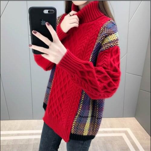 Autumn Winter Style High Collar Thick Sweater Women Loose Korean Knitting Bottoming Jacquard Color Matching Pullover Female