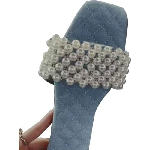 40GC Women Comfy Square Open Top Faux Leather Slippers Imitation Pearls Beading Strap Flat Slide Shoes Casual Club Party Beach