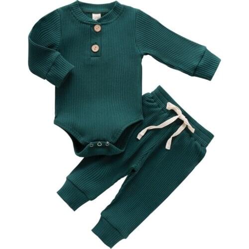 Spring Autumn Infant Baby Knit Outfits Suits Buttons Round Neck Long Sleeve Bodysuit Top + Elastic Long Pant