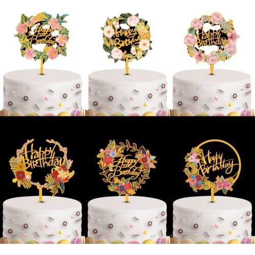 Birthday Cake Decoration Toppers Acrylic Laser Cutting Flower Series Happy Birthday Cake Flag Party Cake Decorating Supplies