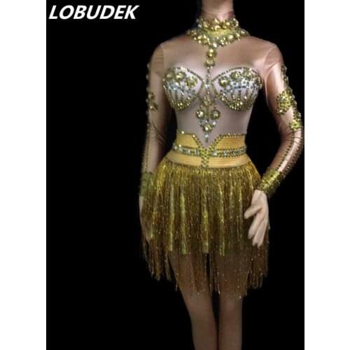 Sparkly Rhinestones Gold Fringes Short Dress Dance Team Performance Mini Dress Bar Party Dance Costume Sexy One Piece Stage Wear