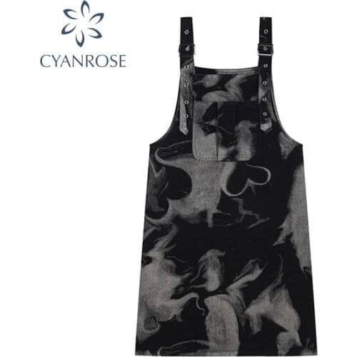 2021 Autumn New Shoulder Strap Jeans Skirt Women Black Tie-Dyed High Waist Dress Y2K Punk Denim Streetwear Suspenders Skirt