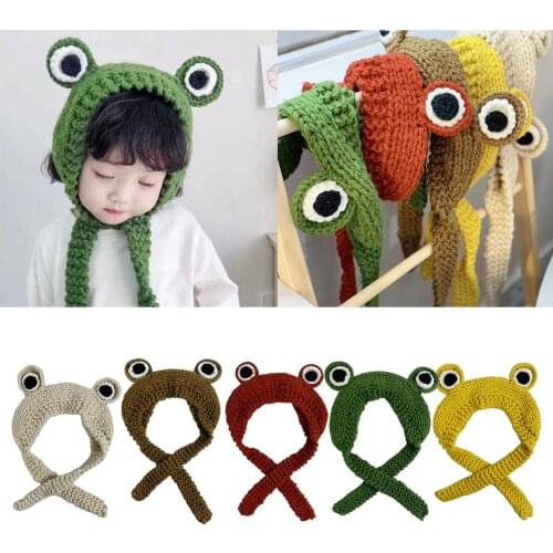 Women Hats Winter Cute Frog Crochet Large Knitted For Girls Cap Cute Frog Eyes Weave Knitted Skullies Beanie Hat