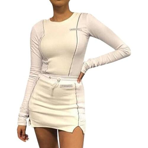 Women Reflective Striped Patchwork Set Long Sleeve Crop Top Bottom Dress Sport Fashion Reflective Striped Two Piece Dress