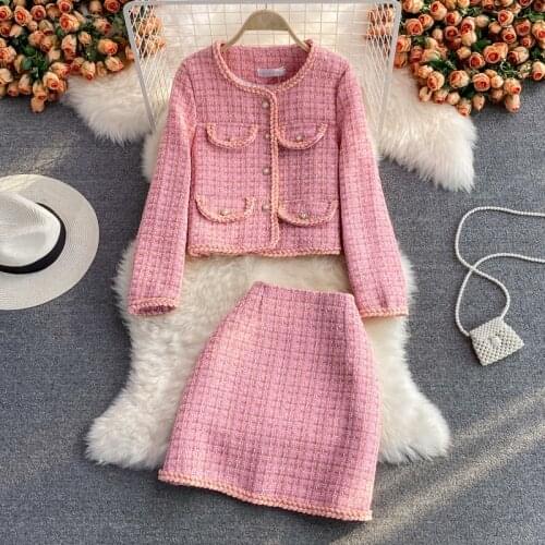 Small Fragrant Korean Sweet Tweed 2 Piece Set Women Woolen Jacket Coat Crop Top + Skirts Sets Autumn Winter Fashion Skirt Suits