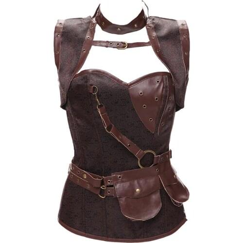 S-6XL Women Vintage Gothic Retro Gothic Brocade Steel Bones Steampunk Overbust Corset Top With Jacket And Belt Brown Body Shaper