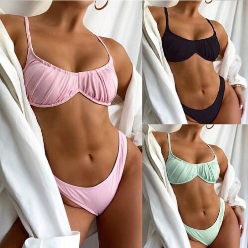 2021 Women Summer Streetwear Pleated Low Waist Two-Piece Steel Ring Halter Beach Ladies Bikini