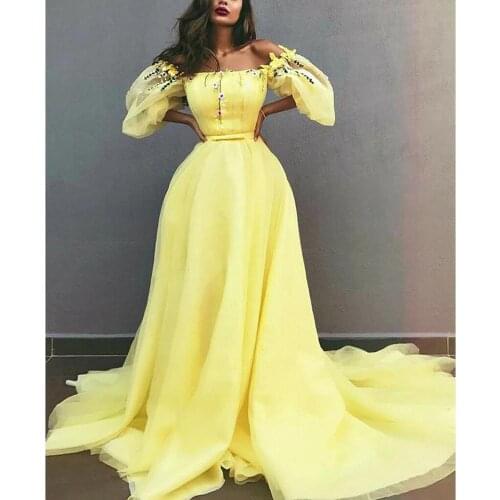 2021 Yellow Off Shoulder Long Sleeves Prom Dresses Long Embroidery Half Sleeve Formal Evening Party Ball Gown Robe De Soiree