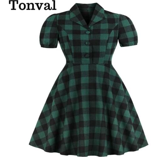 Tonval Women Plus Size Gingham Vintage Dress Button Up 50s Robe Green Plaid Pinup Elegant Pocket Midi Dresses