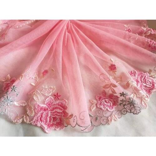 2 Yards Lace Trim Pink Roses Flowers Floral Embroidered Tulle Lace 8.26 Inches Wide