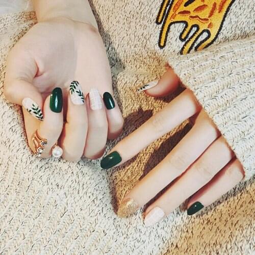 24Pcs Finger False Nails With design for Women Girl Full Nail Tips artificial nails Dark Green hybrid nail Acrylic Fake Nail