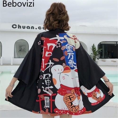 Bebovizi Lucky Cat Kimono Japan Streetwear Cardigan Harajuku Robe Japanese Style Clothes Summer Men Women Black Pink Jacket Tops