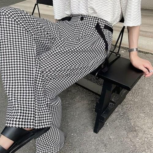 Pants Men Vintagte Houndstooth Plaid Casual Loose Wide Leg Straight Trousers Youth Male Streetwear Suit Pant