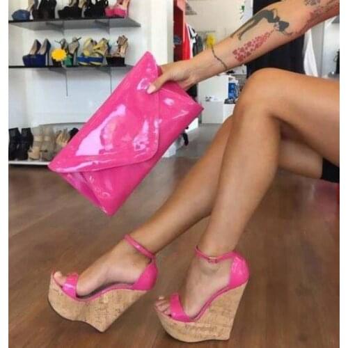 Carpaton Hot Pink Cork Wedges Open Toe Patent Leather Ankle Strap Sandals Summer Super High Platform Shoes Clubwear High Heels