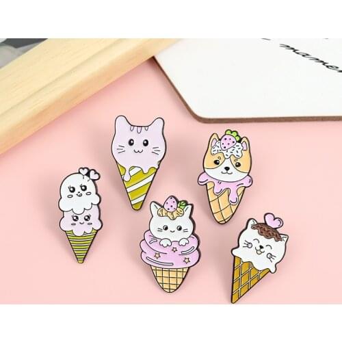 Ice Cream Enamel Pin Custom Cat Dog Kitten Puppy Cone Kawaii Brooches Bag Lapel Pin Animal Badge Cute Jewelry Gift for Friends