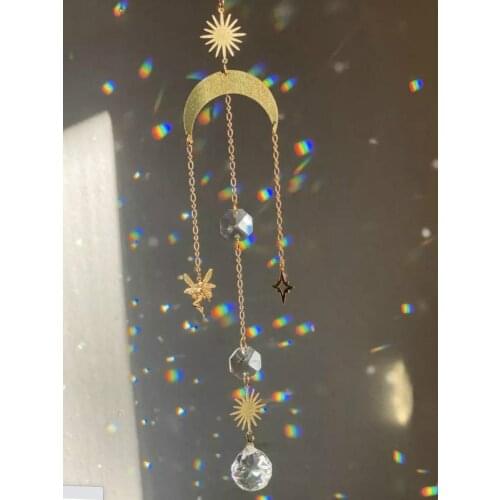 Aura Crystal Moon Suncatcher in Gold | Window Light Catcher Celestial Rainbow Maker Sun and Moon Witchy decor Window Handmade