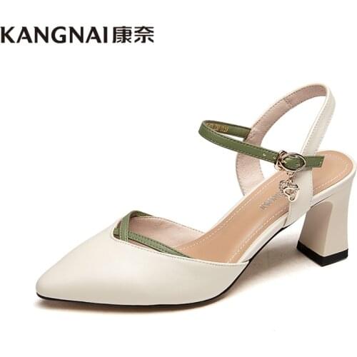 KANGNAI Women Pumps High Heels Shoes Genuine Leather Pointed Toe Ankle Buckle Lady Party Shoes Slingbacks