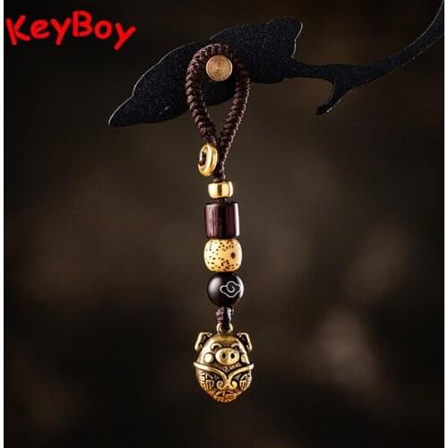 Brass Blessing Pig Keychains Lanyard Pendants Vintage Metal Handmade Rope Chinese Zodiac Symbolic Animal Key Chains Hangings