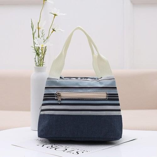 Fashion Striped Lunch Bag Korean Style Women Insulated Lunch Box Bag Thermal Bento Pouch Tote Cooler Bag Container Handbag