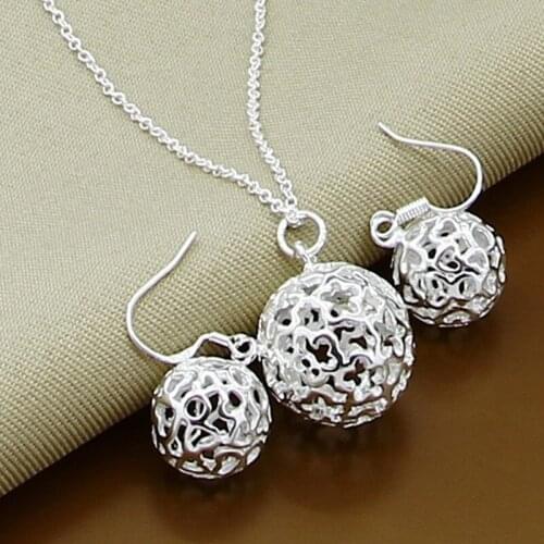 Trendy jewelry, Silver jewelry, silver plated necklace + earrings jewelry set, hollow ball set