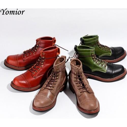 Yomior Brand New Style Winter Men Boots Genuine Leather Lace-Up Vintage High Quality Tooling White Ankle Boots Motorcycle Boots