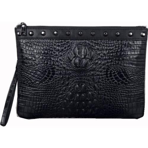 Mens Cowhide leather Clutch bag Crocodile Pattern handbag men Business Bag Large Capacity Zipper Wallet Detachable Wristlet