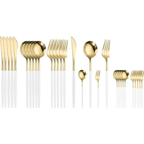 30Pcs Stainless Steel Cutlery Dinner Set Knife Tea Fork Spoon White Gold Western Table Dinnerware For Party Silverware Tableware