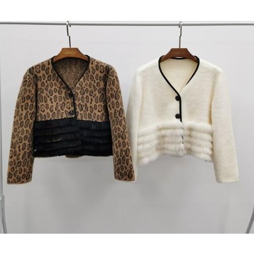 New Arrival Womens Fur Cardigan Sweater Fashion Long Sleeve Knit Sweater With Fox Fur Leopard Print