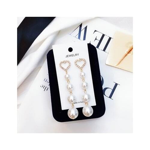 Simple Gold Color Metal Pearl Long Tassel Crystal Drop Earrings for Women Gift Korean jewelry OL Elegant Women Earring Wholesale