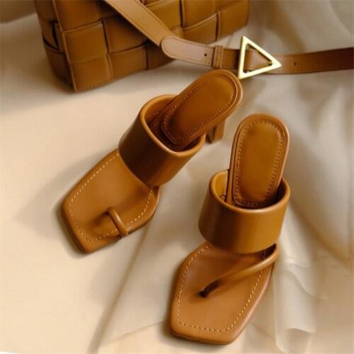 Luxury Square Toe Clip Toe Flip Flops Women Slippers Fashion Fine Leather Sandals Low Heel Ladies Party Shoes