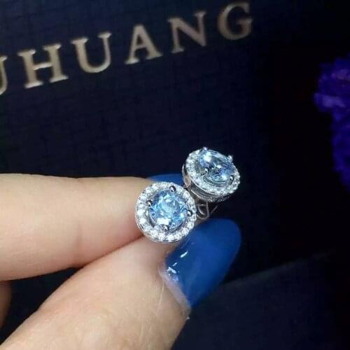 Natural blue topaz stud earrings 925 silver natural gemstone stone earrings round for women party fine round Earrings jewelry