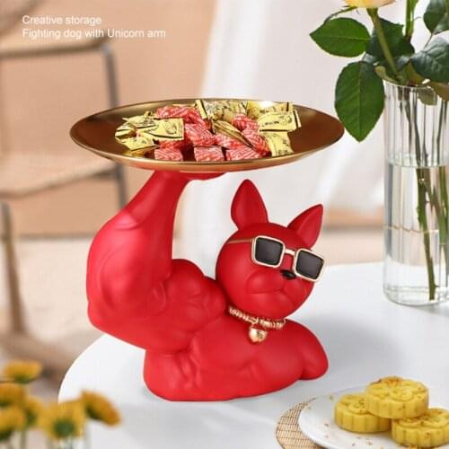 Q1JB Bulldog Figurine with Tray Sculpture Desk Storage Statue Resin Key Candy Jewelry Earrings Holder Home Living Room