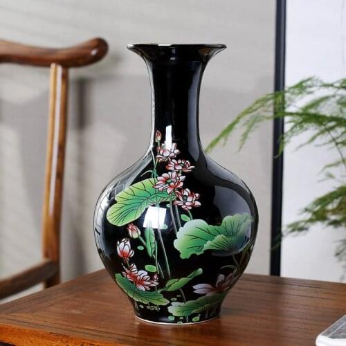 Classical Chinese Style Colored Glaze Lotus Black Vase Ceramic Flower Vases Desktop Decoration Porcelain Vase