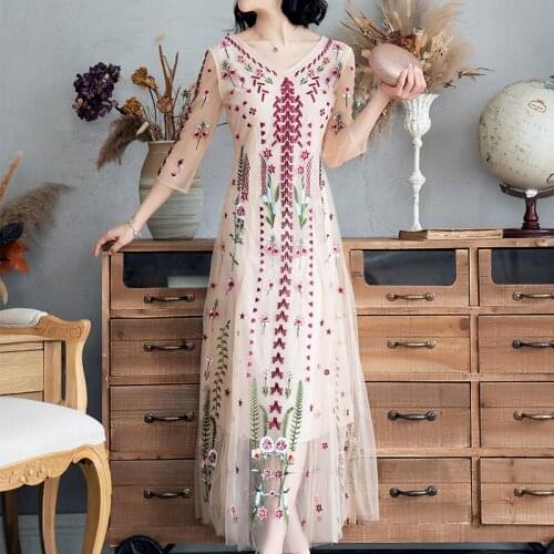 Spring 2021 NEW summer flower Long party dress Women Gauze sexy V Neck Dress xl fashion ladies Embroidery free shipping dresses