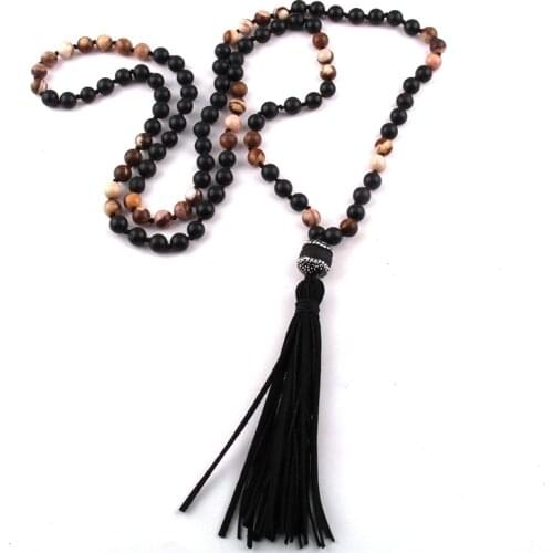 Fashion Jewelry Semi Precious Stones 108pc Multi Stone Knotted Yago Necklace Crystal Stone Link Long Tassel Necklaces