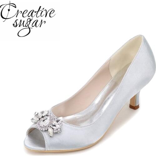 Creativesugar Elegant open toe woman satin dress shoes with queen diamond crystals charm lady kitten heels party wedding shoes