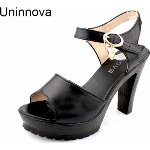 Women Genuine Leather Platform Super High Heel Sandals for Summer Ankle Shoes Black Apricot Fashion Footwear Uninnova WSA078