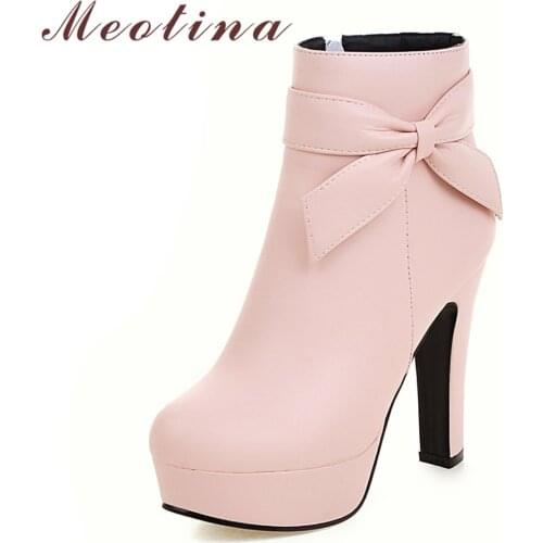 Meotina Ankle Boots Women Shoes Winter Super High Heel Boots Platform Short Boots Zipper Bow Female Footwear Pink Big Size 43