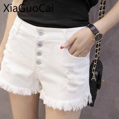 White Denim Shorts Summer 2019 Newest High Waist Women Shorts Buckle Loose Hole Hot Pants Skinny Jeans Woman Distressed Jeans