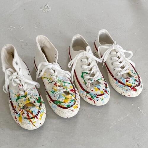 Womens flat canvas shoes hand-painted spoof splash ink vulcanized shoes macarons high-top womens shoes large size 44