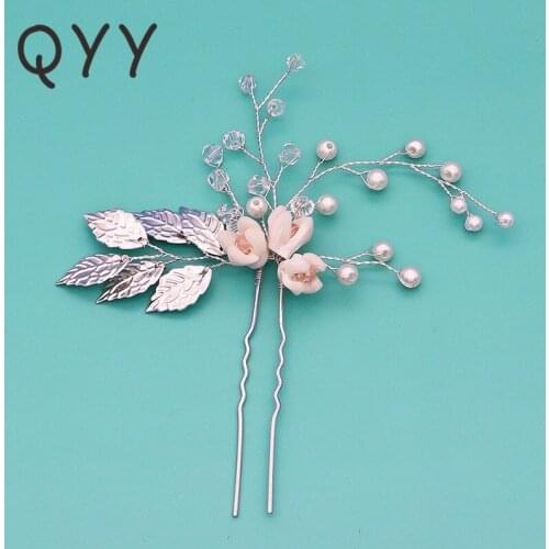 QYY Leaves Flowers Pearl Crystal Briadal Wedding Hair Pins for Women Crystal Handmade Hairpin Party Hair Jewelry Accessories